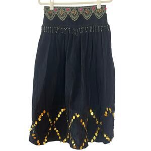 VTG New Moa Black Corduroy Ribbed Maxi Skirt Beaded Appliqué Sequence - M/L